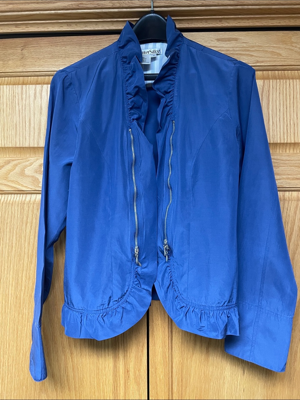 WinterSilks Navy Ruffled Zip-Front Jacket - Size Medium